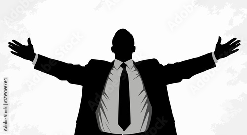 Silhouette of a triumphant businessman with arms outstretched in celebration.