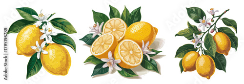 Vintage-style botanical triptych of bright yellow lemons, green leaves, and white citrus blossoms. Detailed whole and sliced lemons arranged in a clean, balanced three-panel composition