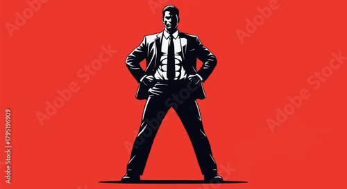 Confident Man in Suit Standing with Hands on Hips.