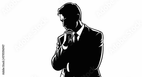 Silhouette of a pensive businessman in deep thought and contemplation.