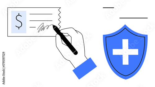 Hand signing check with dollar sign, accompanied by a shield with a cross. Ideal for finance, security, insurance, health, payment, contracts and trust concepts. Simple flat metaphor