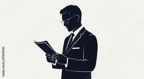 Silhouette of a man in a suit and glasses reading a document.