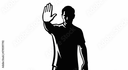 Silhouette of a person with an outstretched hand signaling stop or halt.