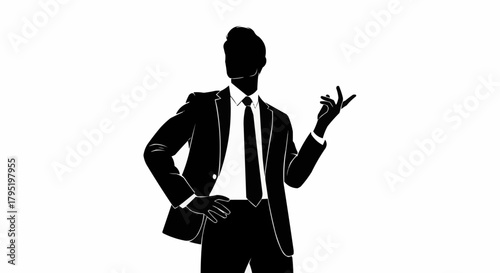 Silhouette of a businessman in a suit gesturing with his hand.
