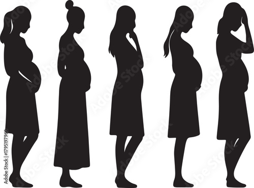 A horizontal sequence of pregnant female silhouettes wearing different maternity dresses silhouette vector