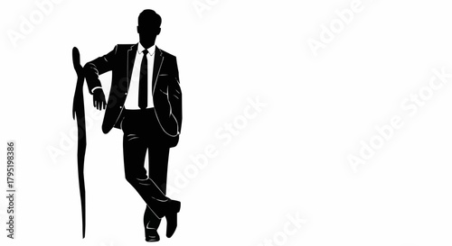 Elegant silhouette of a businessman leaning against a pole confidently.