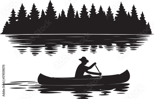 a person paddling a canoe on a calm lake with pine trees silhouette vector