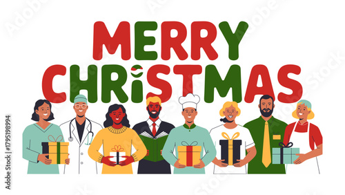 Holiday Greetings of Unity: A festive message of Merry Christmas is framed by a diverse group of individuals, each holding a gift, symbolizing unity and goodwill during the holiday season.