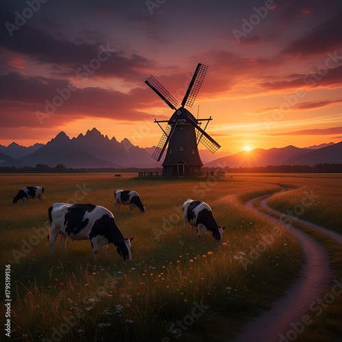 windmill at sunset