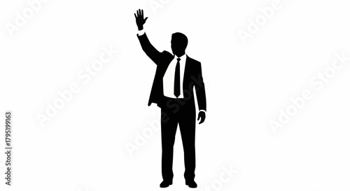 Silhouette of a businessman raising hand in a gesture of greeting or asking a question.