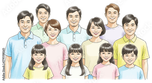A large group of smiling Asian people of all ages in a family portrait illustration.