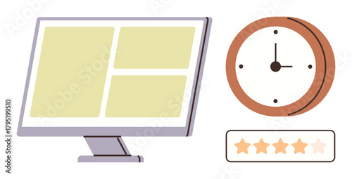 Computer screen with grid layout, clock showing time, and 4 out of 5 stars representing evaluation. Ideal for productivity, performance, feedback, efficiency, planning deadlines review. Simple flat