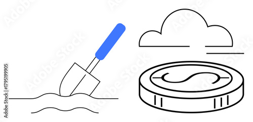 Shovel digging ground, coin with monetary symbol, cloud above. Ideal for investment, growth, resources, savings, economy agriculture innovation. Simple flat metaphor