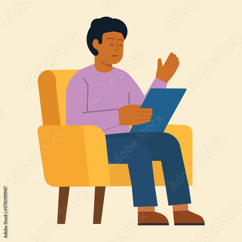 Relaxed man reading on chair – modern flat illustration
