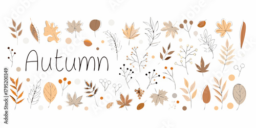 Autumn text surrounded by hand drawn fall leaves and branches in warm neutral colors
