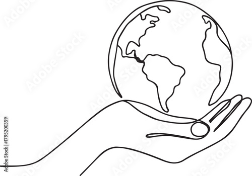  Continuous line drawing of earth globe in hand for world environment day