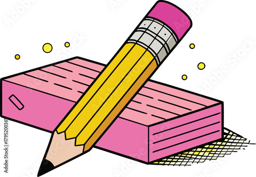 Vibrant yellow pencil and pink eraser block for school supplies