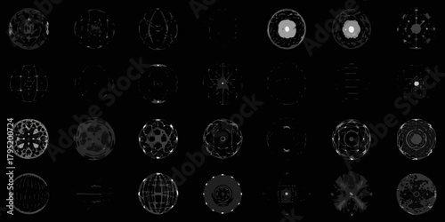 Collection of abstract glowing energy spheres and orbs with intricate patterns and light effects on a black background