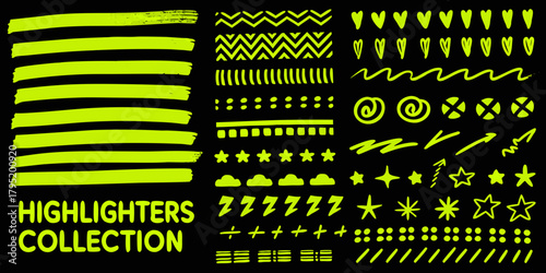 Collection of bright yellow highlighter marks and doodles on a black background