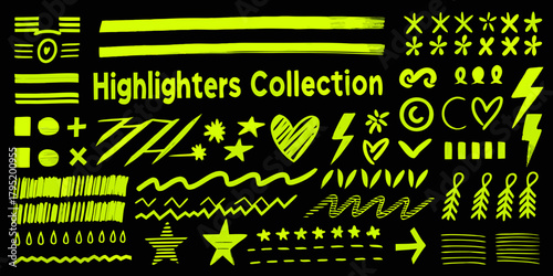 Collection of hand drawn neon yellow highlighter pen strokes and symbols on black background