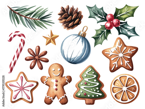 Festive watercolor collection of Christmas cookies and holiday decorations