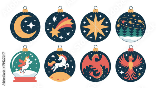 Whimsical Ornament Collection: A delightful collection of intricately designed ornaments, each bearing a unique festive motif, from celestial bodies to mythical creatures.