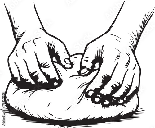 Human hands kneading dough out line silhouette vector.