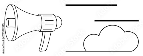 Megaphone and cloud outline linked by lines conveying concepts of communication, announcements, marketing, cloud technology. Ideal for media, promotions, campaigns, innovation, networking messaging