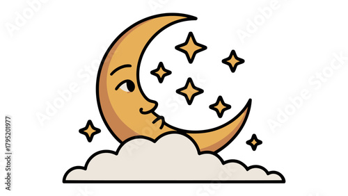 Celestial Dreamscape: A whimsical illustration of a smiling crescent moon resting on a fluffy cloud, encircled by shimmering stars, evokes a sense of serenity and the enchantment of the night.