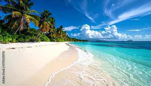 Fototapeta Naklejka Na Ścianę i Meble -  Tranquil tropical beach scene with clear turquoise water, white sand, and palm trees under a bright blue sky