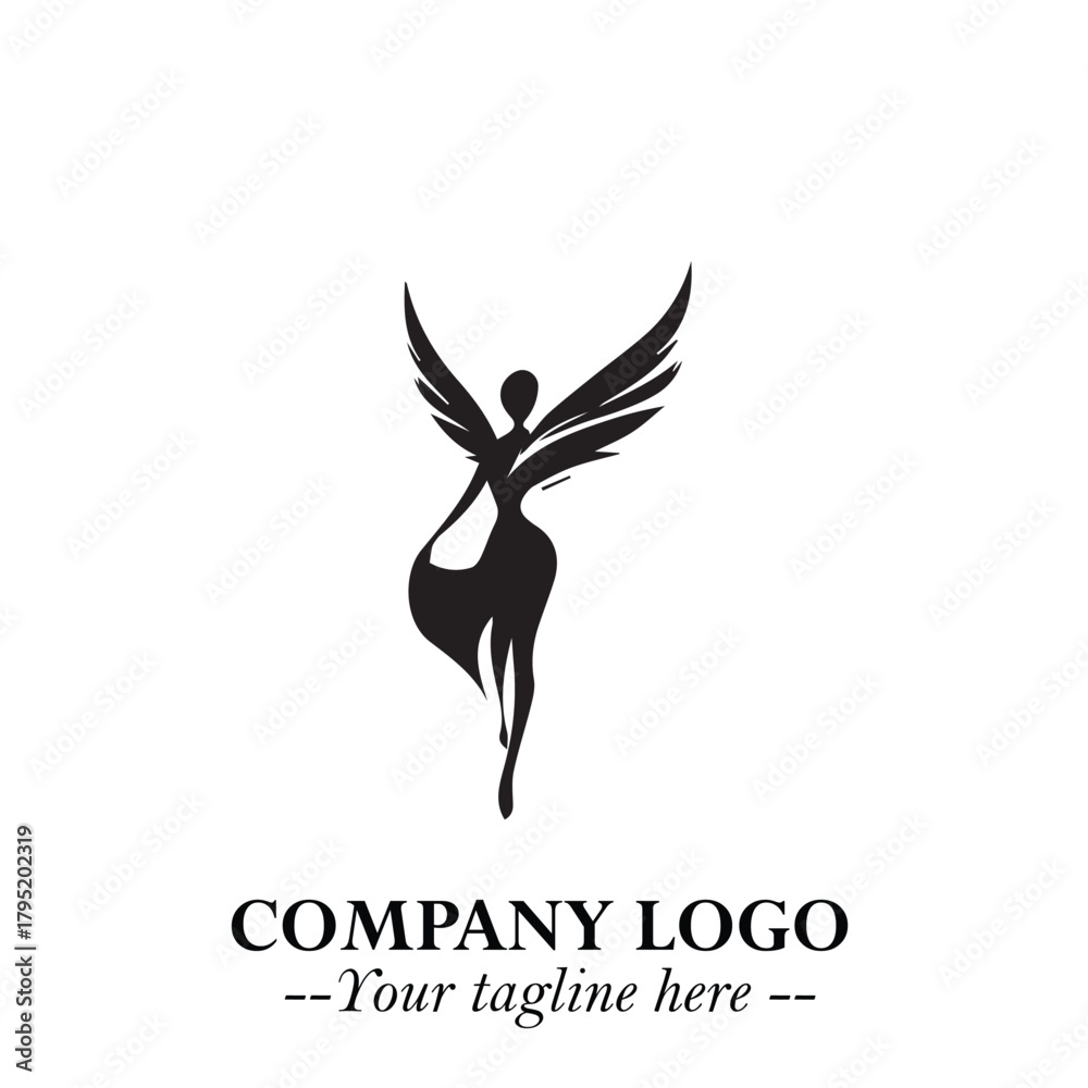 Naklejka premium Elegant Black Angel Woman Silhouette Logo Symbol on White Background