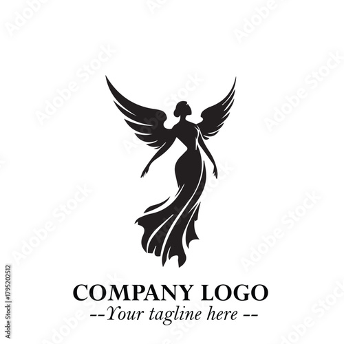 Elegant Black Angel Woman Silhouette Logo Symbol on White Background
