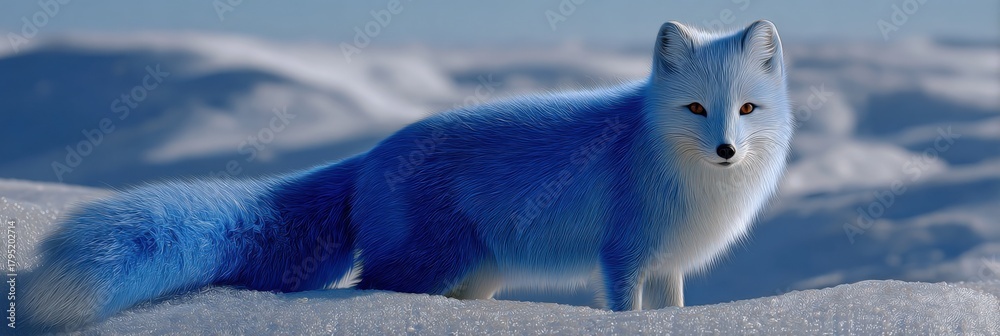 Naklejka premium Blue arctic fox in snowy landscape under soft sunlight