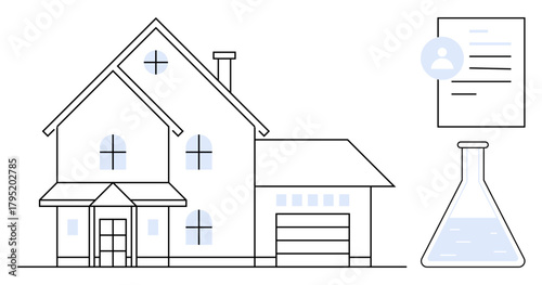 Two-story home with windows and garage, user profile document, and liquid-filled flask. Ideal for real estate, homeownership, technology, research, innovation analysis modern trends. Simple flat