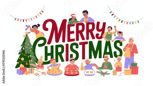 Festive Family Christmas: A heartwarming scene unfolds with a beautifully decorated Christmas tree and diverse family members, engaging in various holiday activities such as baking and decorating.