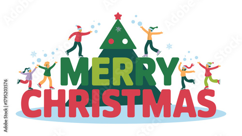 Holiday Cheer: Lively illustration embodies the festive spirit of Christmas, featuring playful characters and a cheerful Christmas tree. A joyous celebration of the season's warmth and togetherness.