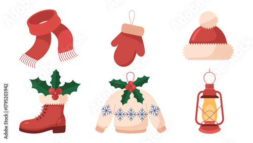 Festive Christmas Items: A collection of charming Christmas elements, meticulously arranged to capture the spirit of the holiday season, embodying warmth and joy.