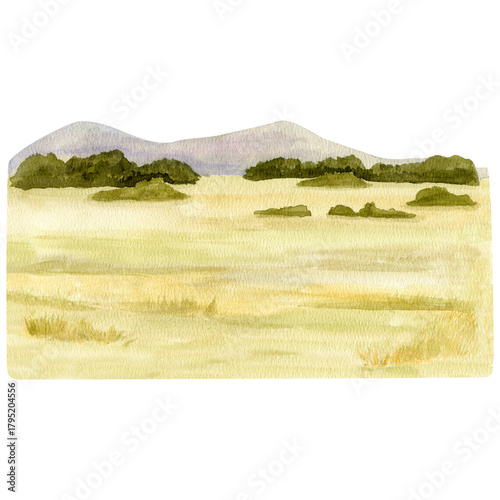  Watercolor African safari park landscape with green fields and rolling hills on the horizon. Hand-painted savanna illustration ideal for wall art, travel designs, posters, and creative backgrounds. 