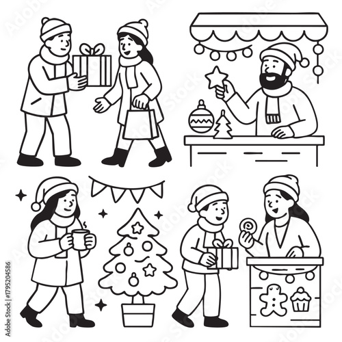 Isolated separated layered lineart outline of people enjoying festive market with gift and tree