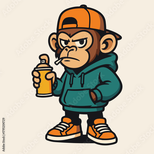 A cool cartoon monkey, stylishly adorned in an orange cap and teal hoodie, holds a spray can, ready to unleash street art, the essence of urban expression.
