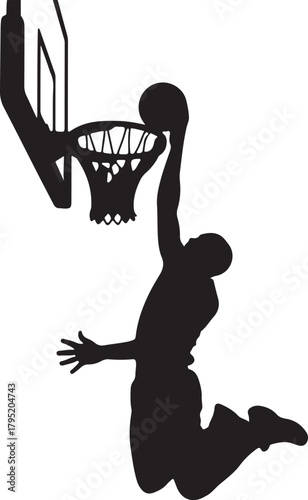 Silhouette of a Basketball Player Performing a Dunk Shot Over a White Background