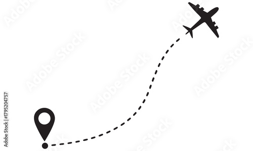  Minimal airplane route icon with a dotted flight path to a map pin. Perfect for travel blogs, itineraries, logistics, aviation and tourism designs.