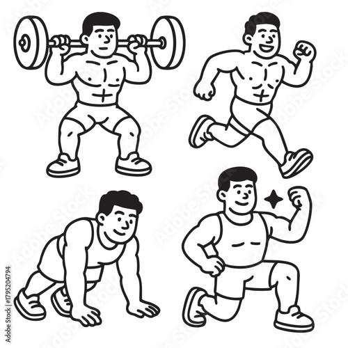 Isolated separated layered lineart outline of muscular man exercising in various fitness poses