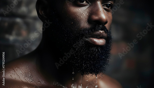 Close-up of afroamerican man wet beard and lips, highlighted by dramatic directional lighting that emphasizes texture, moisture, and a rugged masculine mood.