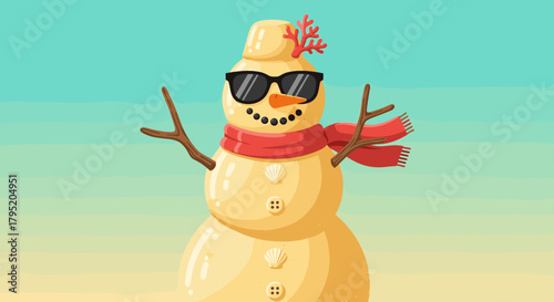 Cartoon snowman wearing sunglasses and scarf on beach background  