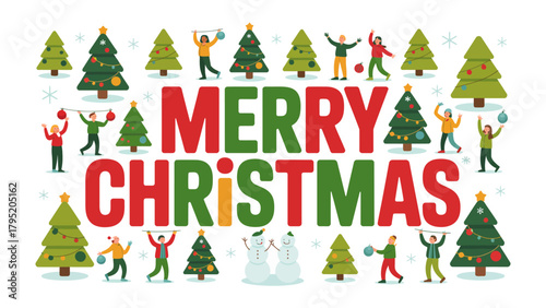Merry Christmas Celebration: An exuberant and festive scene unfolds, with a playful group of figures surrounding decorated trees.