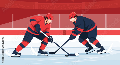 Ice hockey players facing off on the rink during a match  