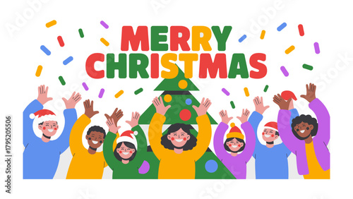 Christmas Joyful Greetings: A diverse group of people from all walks of life united in the festive spirit, joyfully celebrating the season. The scene is filled with happiness and goodwill.