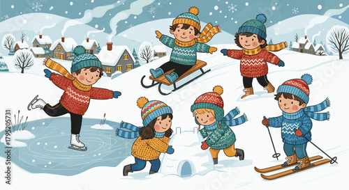 Children playing in the snow while skiing, ice skating, and tobogganing  