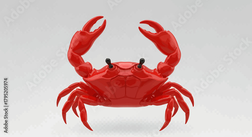 A realistic bright red crab with raised claws standing on a clean isolated white background.